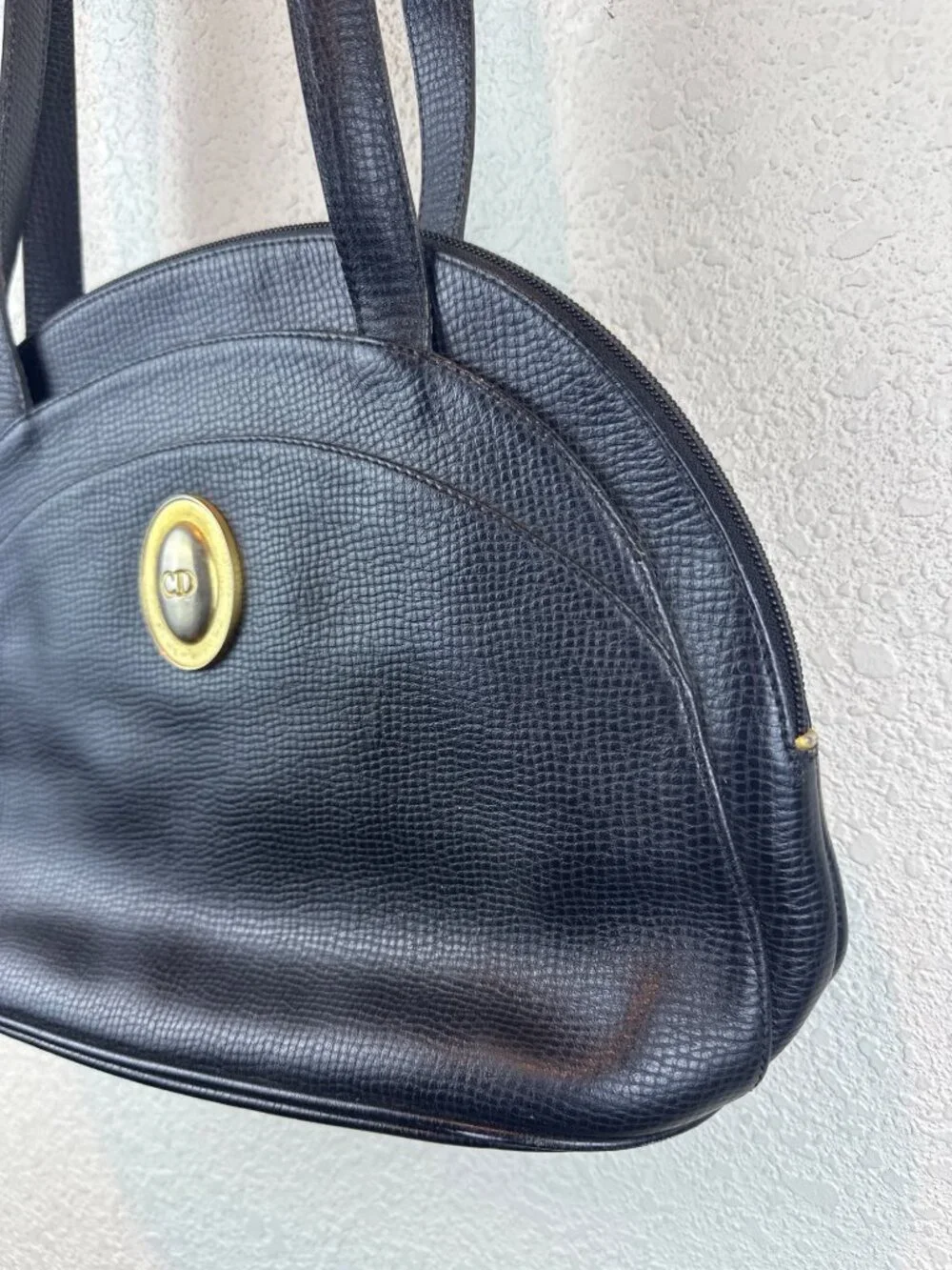 Vintage Christian Dior Navy Leather Shoulder Bag Gold Logo Made in France - Picture 5 of 16